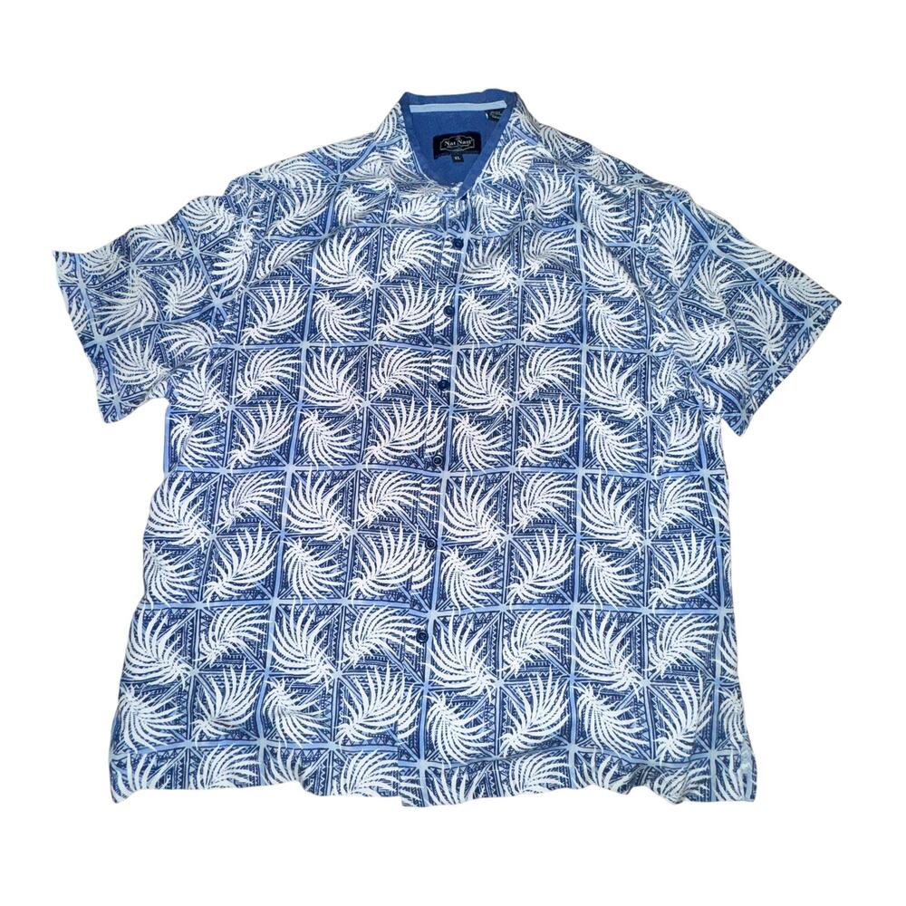 Nat Nast Polo Shirt Men's Size XL Blue White Palm Print S/S Pocket Silk Blend